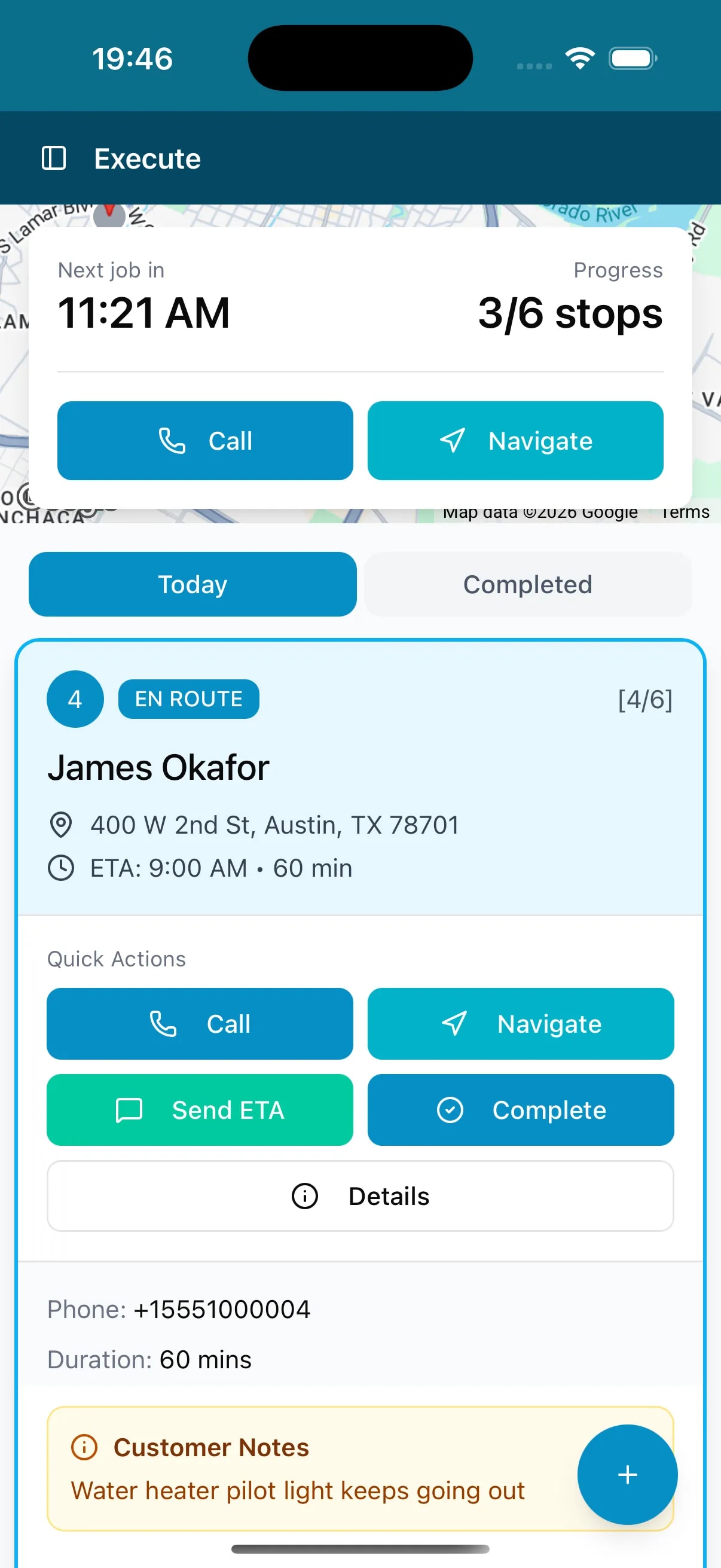 One-tap job status updates with quick action buttons