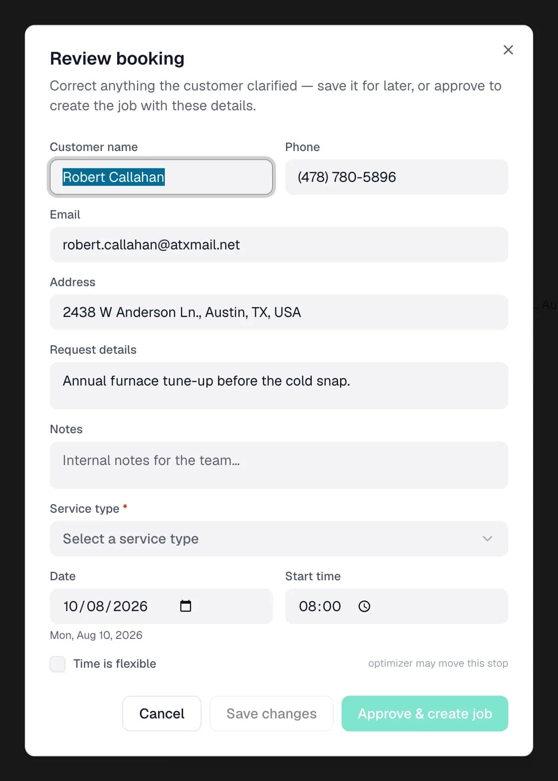 The Review booking dialog with customer details pre-filled and an Approve and create job button